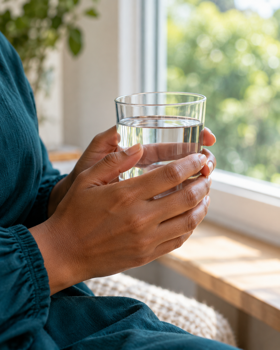 Hands holding a glass of water in natural light